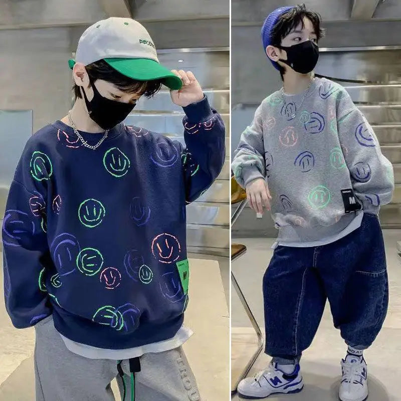 Children's Sweatshirt Autumn Boys Smile Print Long-Sleeved Korean T-Shirt Kids Clothes Fashion Streetwear Black Cotton Costumes