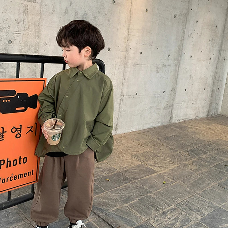 Fashion Children's Long sleeve Spring Autumn single-breasted New Boys Pure color Shirt Baby Korean Style Coat clothes Top Jacket