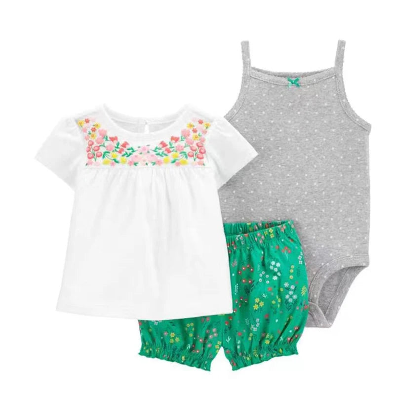 Summer Baby Girls Clothes Set Cotton Flower Fashion Infant Outfits Short Sleeved Bodysuit Shorts 3Pcs kids Clothing 6-24 Months