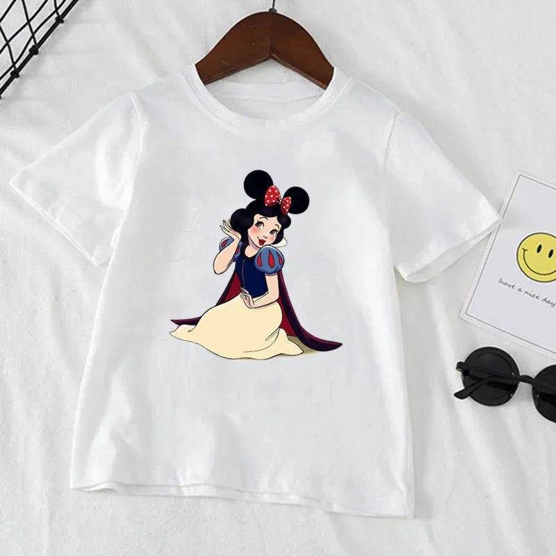 Kawaii Disney Belle Princess Children Clothes Girl T-shirts Summer Short Sleeve 1-12 Years Old Cartoon Kids T-shirt