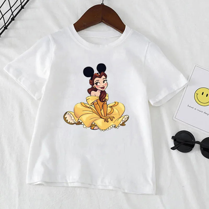 Kawaii Disney Belle Princess Children Clothes Girl T-shirts Summer Short Sleeve 1-12 Years Old Cartoon Kids T-shirt