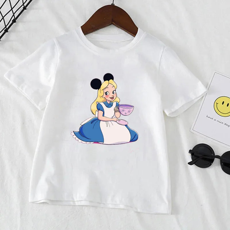 Kawaii Disney Belle Princess Children Clothes Girl T-shirts Summer Short Sleeve 1-12 Years Old Cartoon Kids T-shirt