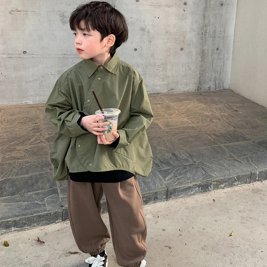Fashion Children's Long sleeve Spring Autumn single-breasted New Boys Pure color Shirt Baby Korean Style Coat clothes Top Jacket