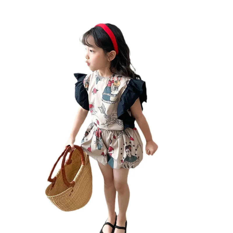 Children's Cartoon Printed Flying Sleeve Top + Bract Pants Two-piece Set Summer Casual Suit for Girls Kids Clothes