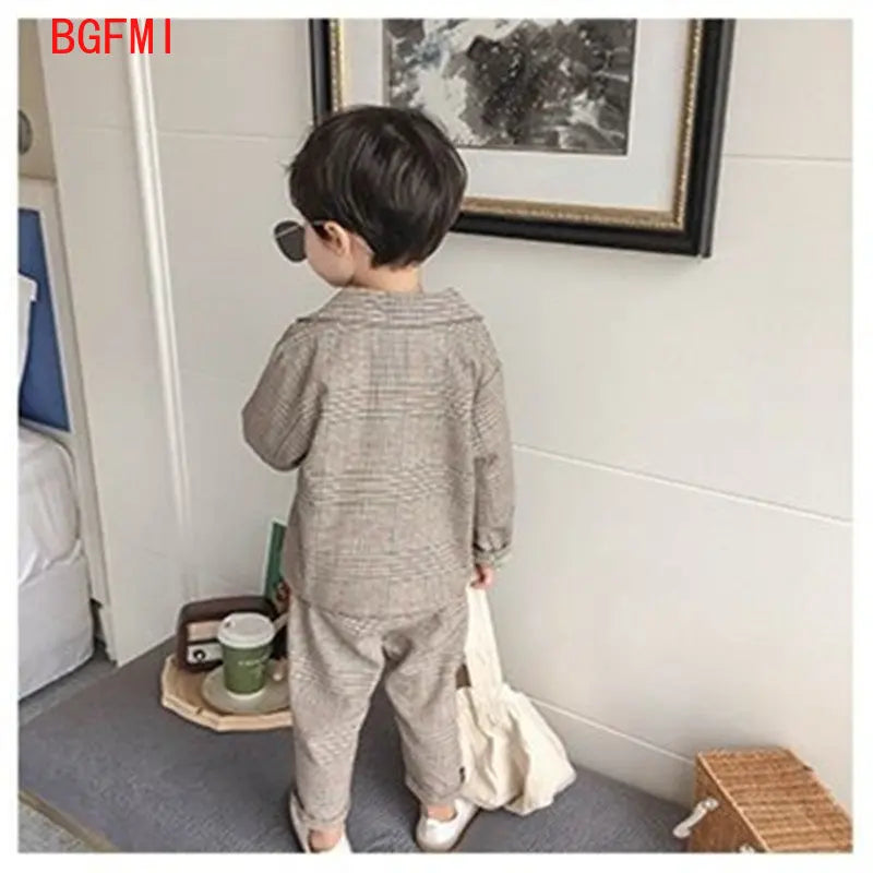 Spring Autumn children's clothing Suit Kids Clothes Boys V-Neck Tops + pants 2 piece set Plaid Formal wear 2-10Y Thin Outerwear