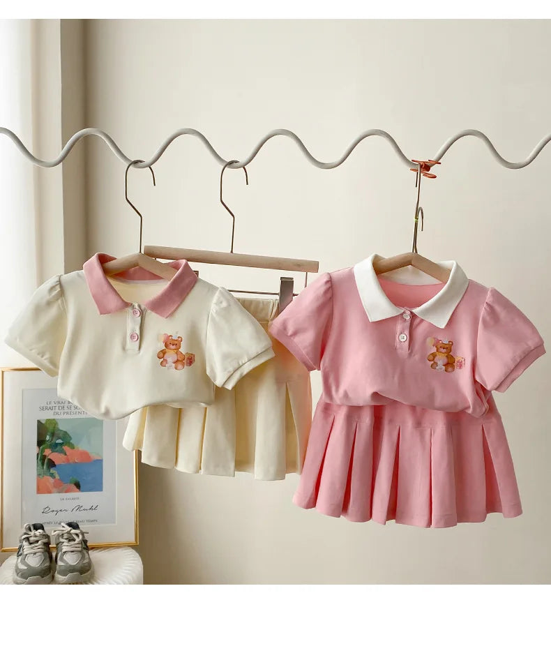 Children's Clothing Sets 2023 Kids Clothes Girls Bear Print Lapel T-shirt Pleated Skirt 2pcs Girl Clothes Baby Girl Outfit Set