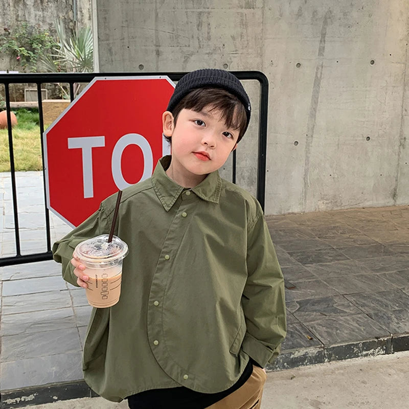 Fashion Children's Long sleeve Spring Autumn single-breasted New Boys Pure color Shirt Baby Korean Style Coat clothes Top Jacket