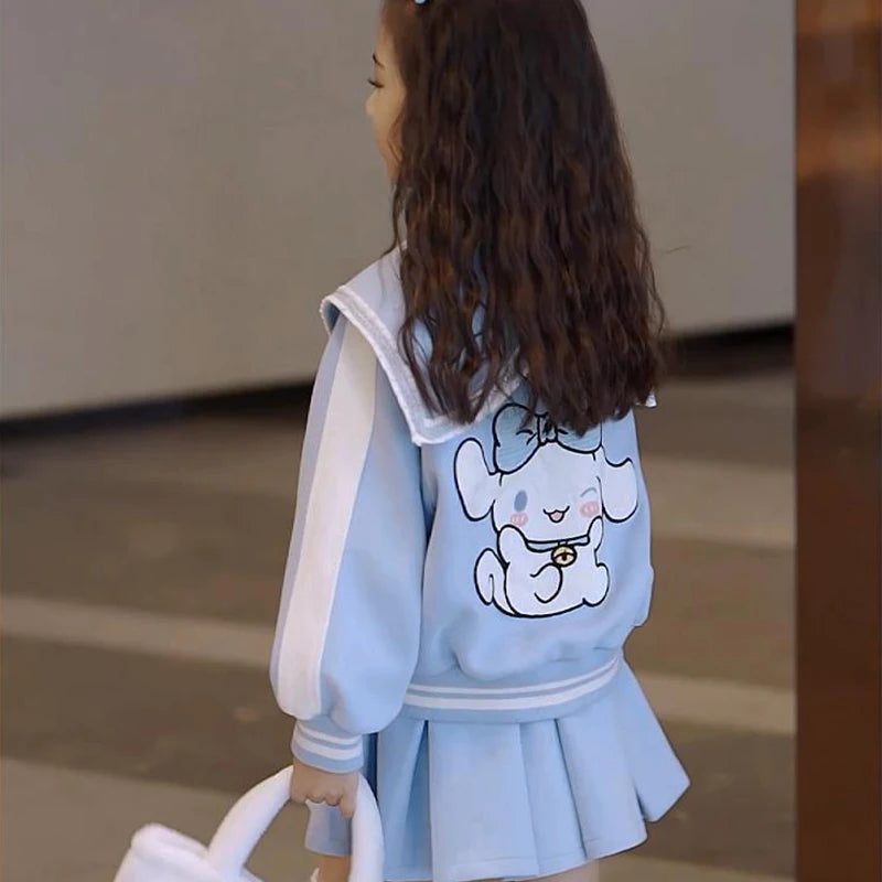 Kawaii Cinnamoroll Cartoon Girls Casual Wear Two-Piece Set Autumn Baseball Uniform Jacket Pleated Skirt Cute Children's Clothes