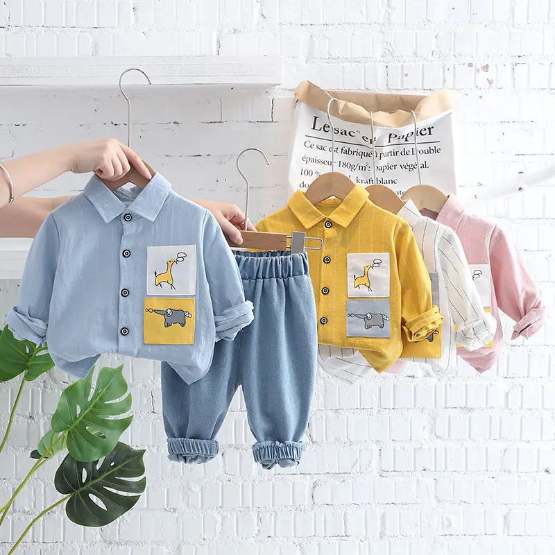 New Autumn Spring Baby Boy Fashion Cartoon Clothing Kid Suits Strips Shirt Pants Jeans 2pcs/Set Children Clothes Set 0-5 Years