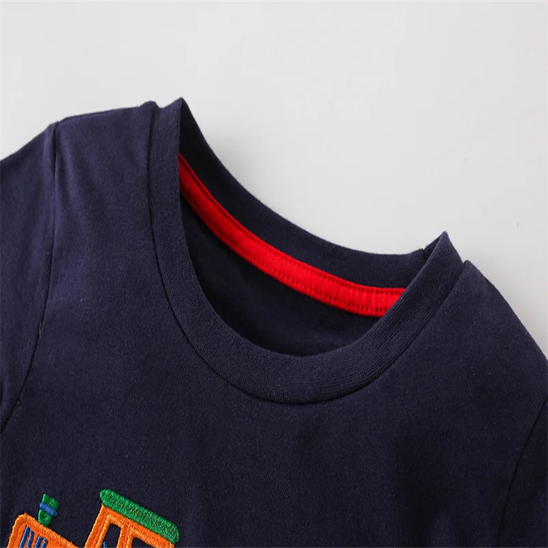 Jumping Meters New Arrival Cartoon Cars Embroidery Boys Girls T Shirts Summer Short Sleeve Children's Clothes Kids Tees Tops