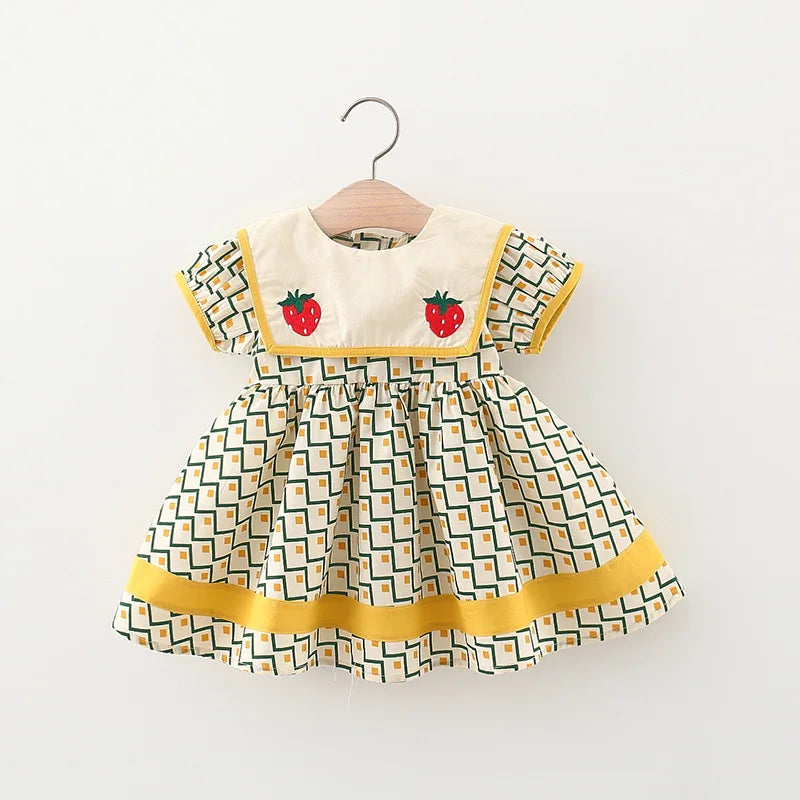 Summer Children's Clothes Simple Plaid Baby Girls Dresses Short Sleeve Kids Fashion Navy Collar 0 To 3 Years Old Toddler Costume
