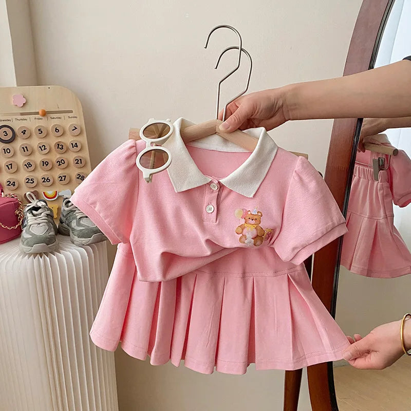 Children's Clothing Sets 2023 Kids Clothes Girls Bear Print Lapel T-shirt Pleated Skirt 2pcs Girl Clothes Baby Girl Outfit Set