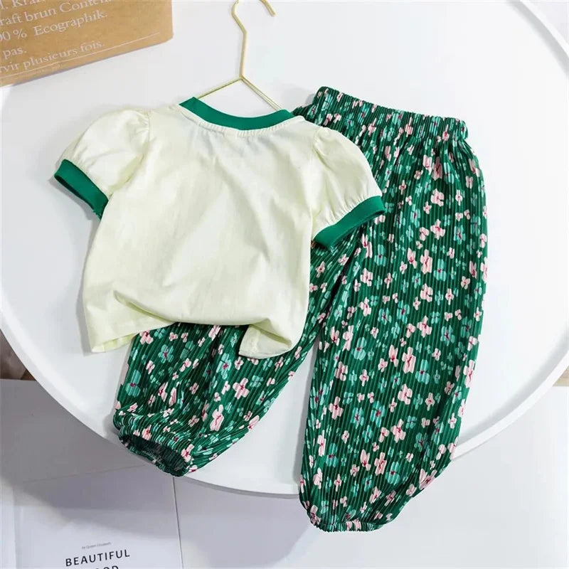 Girls Cute Cartoon T-Shirts and Floral Pants Set for Ages 12 month-6 years