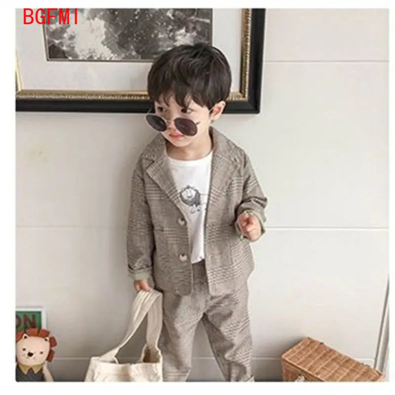 Spring Autumn children's clothing Suit Kids Clothes Boys V-Neck Tops + pants 2 piece set Plaid Formal wear 2-10Y Thin Outerwear