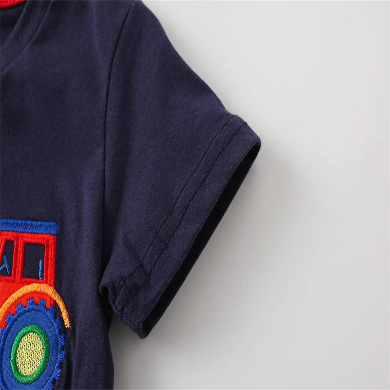Jumping Meters New Arrival Cartoon Cars Embroidery Boys Girls T Shirts Summer Short Sleeve Children's Clothes Kids Tees Tops