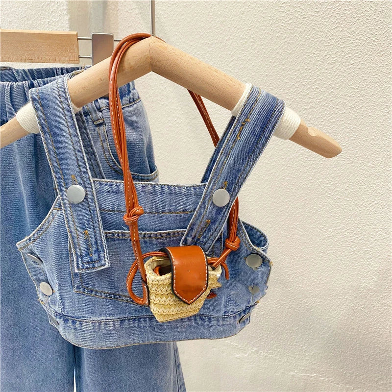 New Summer Girls' Clothing Sets Pocket Buttons Street Denim Vest +Wide-Leg Pants Fashion Baby Kids Outfit Children Clothes Suits