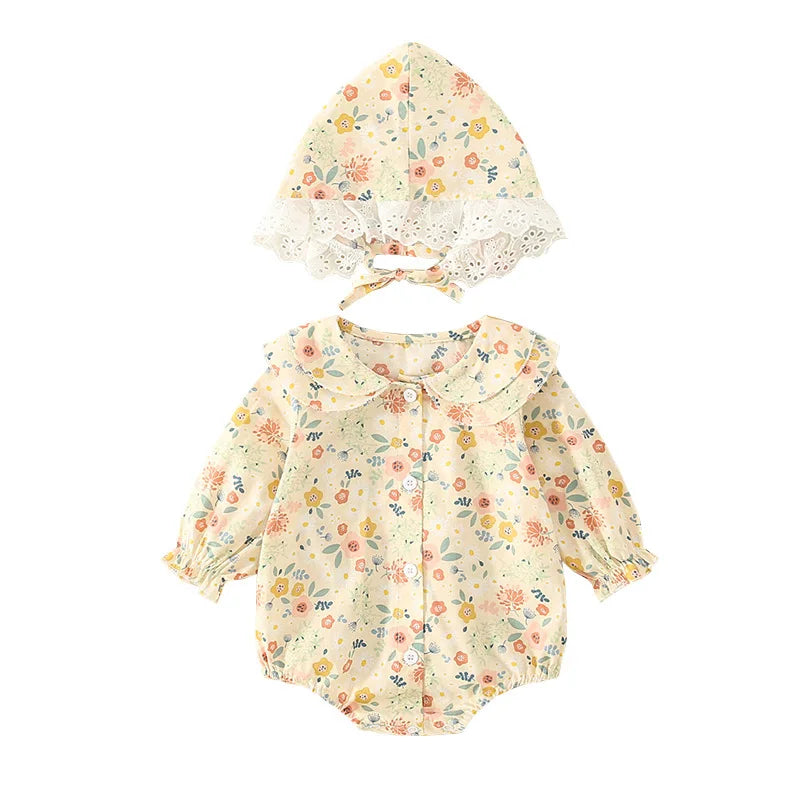 Summer Baby Girls Romper+Hat Cotton Peter Pan collar Ruffles Lace Long Sleeve Infant Rompers Newborn Clothes Bebe Cute Garments