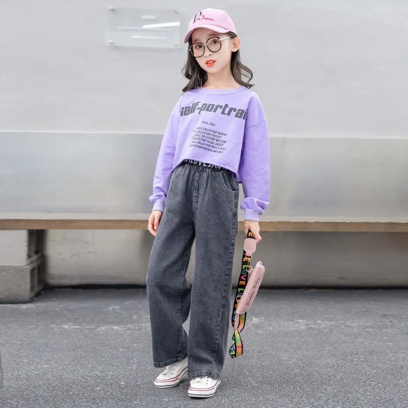 New Jeans For Girls Patchwork Kids Jeans For Girls Letter Patern Kids Jeans Casual Style Children Clothes 6 8 10 12 14 years