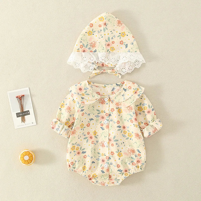 Summer Baby Girls Romper+Hat Cotton Peter Pan collar Ruffles Lace Long Sleeve Infant Rompers Newborn Clothes Bebe Cute Garments