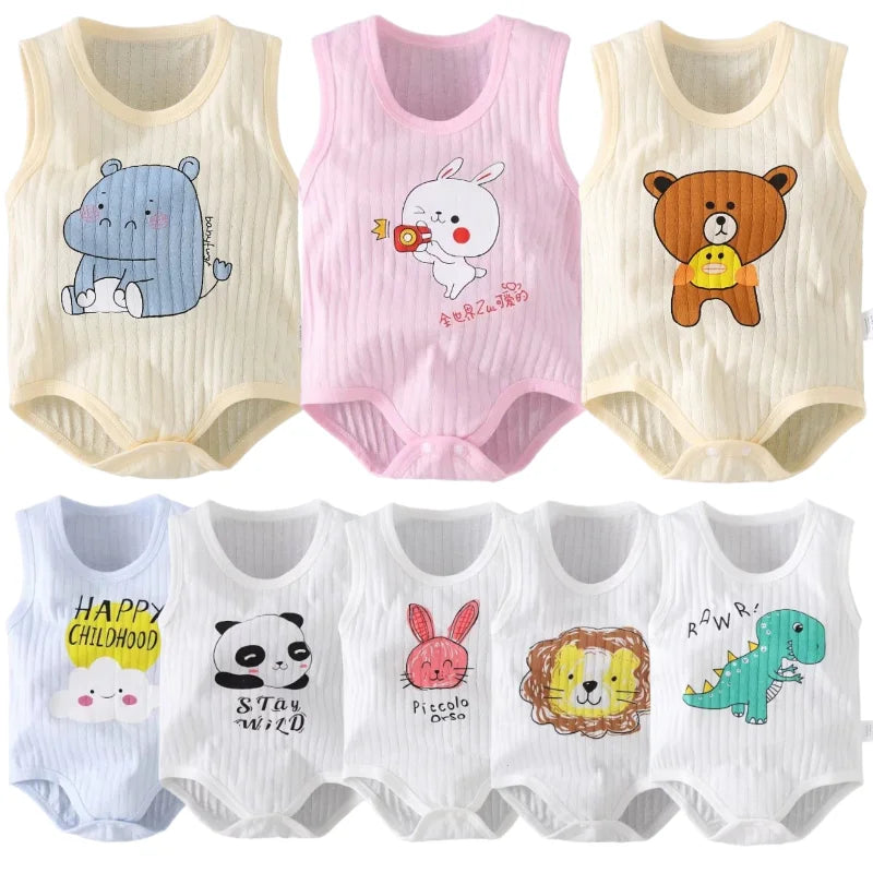 Cartoon Cotton Newborn Baby Romper Sleeveless Clothes Boys Girls Short Sleeves Jumpsuit Vest 0-24M