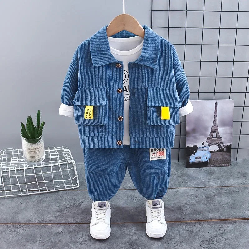 Spring Baby Children Clothes Suit Boys Corduroy Coat T Shirt Pants 3Pcs/Set Kids Toddler Fashion Cotton Tracksuits 0-4 Years