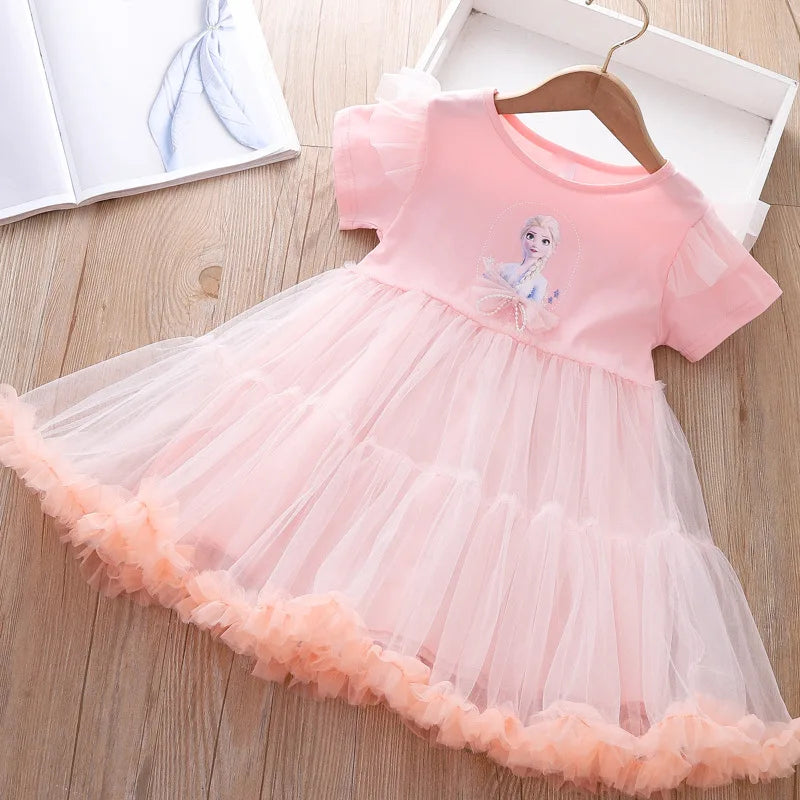 Girls Elsa Dress 2022 Summer Dress New Children's Frozen Princess Dress Baby Mesh Puff Dresses Girl Short Sleeve Party Clothes
