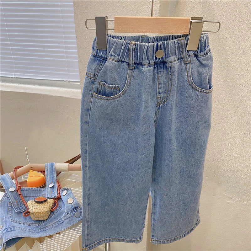 New Summer Girls' Clothing Sets Pocket Buttons Street Denim Vest +Wide-Leg Pants Fashion Baby Kids Outfit Children Clothes Suits