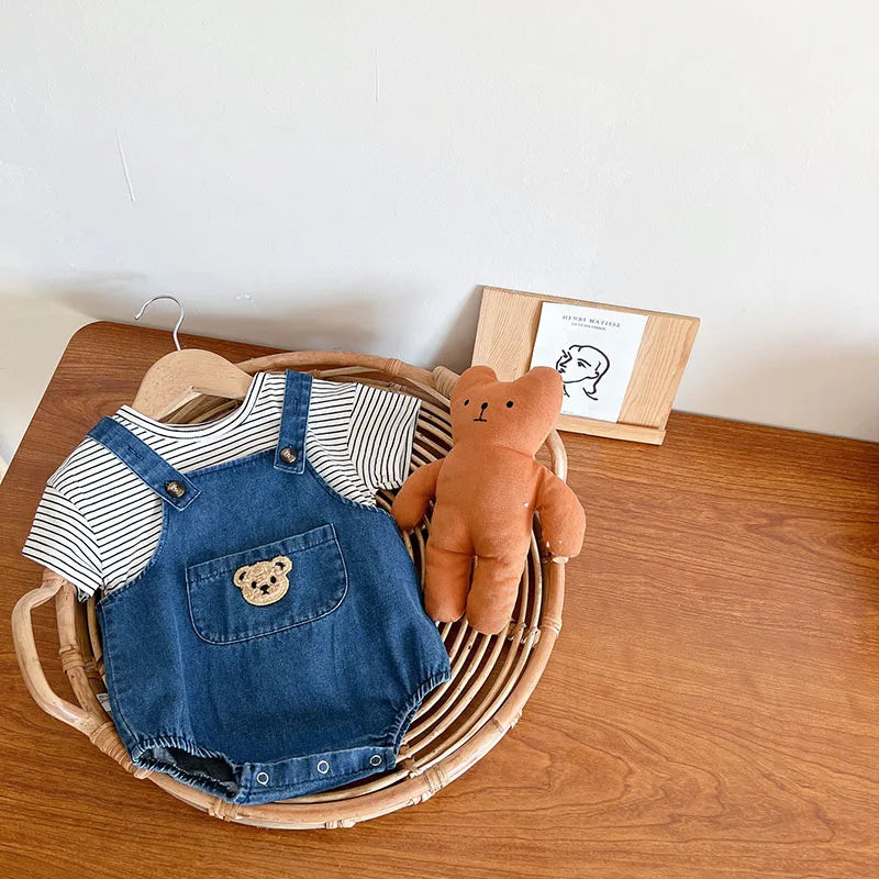 Cool Toddler Baby Boy and Girl Overalls and Striped T-shirt 2Pcs set