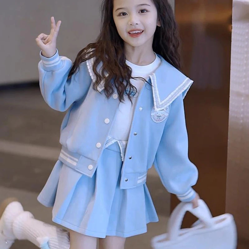 Kawaii Cinnamoroll Cartoon Girls Casual Wear Two-Piece Set Autumn Baseball Uniform Jacket Pleated Skirt Cute Children's Clothes