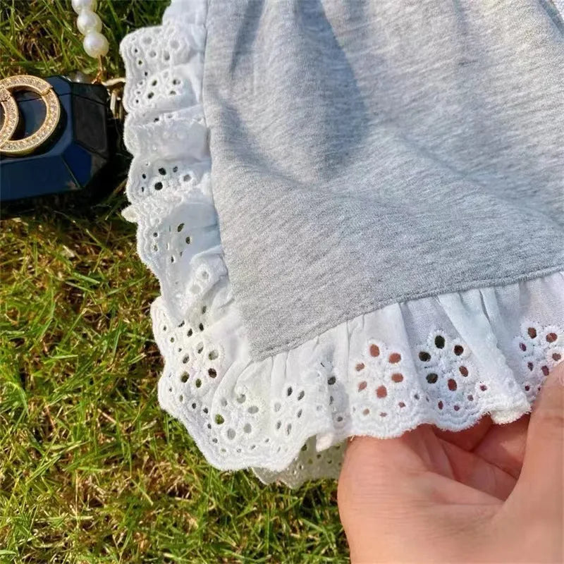 Baby Girls round Neck Lace Short Sleeve T-Shirt Suit 2 Piece 12M-6 Years Old