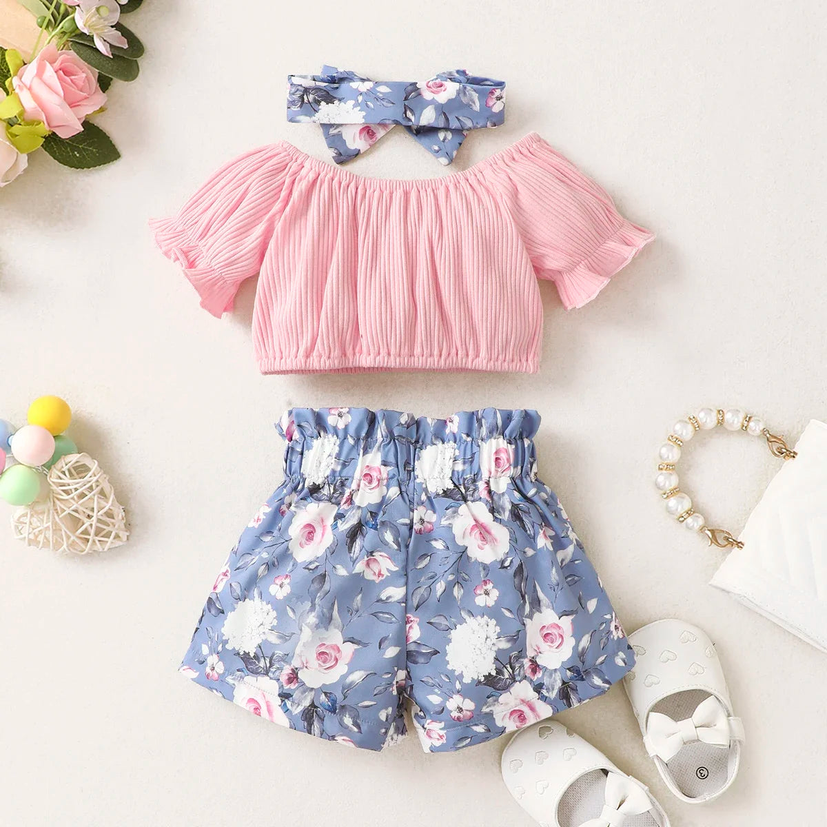 Summer Toddler Baby Girls Clothes Pink Top +Bow Print Blue Shorts 2Pcs Set Infant Fashion Clothes Outfit