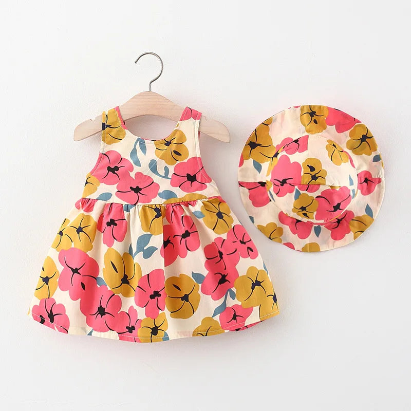 Summer Baby Girl Dress Flower Print Bow Princess Party Dress Hat Girl Outfits Children Clothes Set Toddler Infant Newborn Dress
