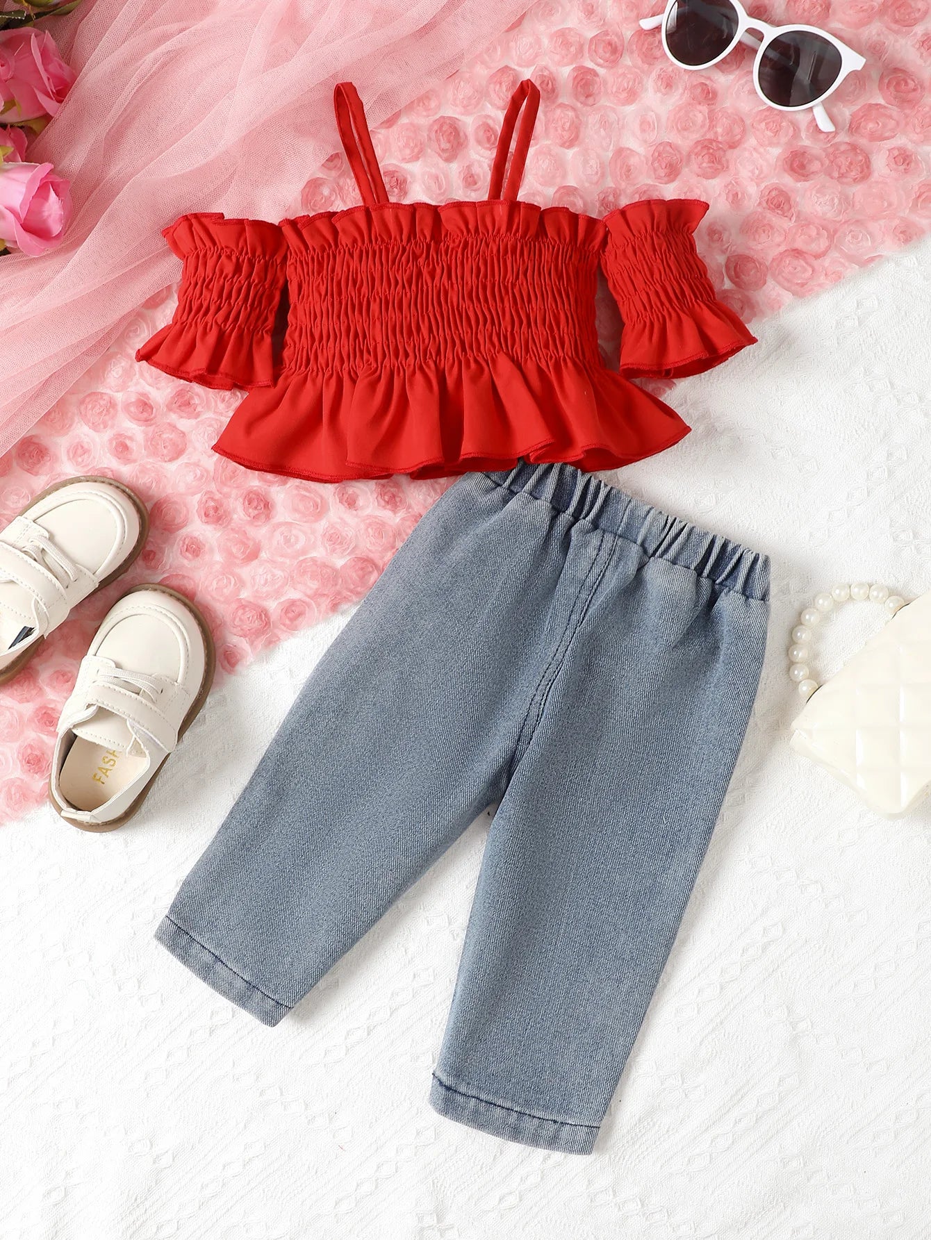 Baby Girls 2pcs Clothing Set Strap Tops and Denim Trousers