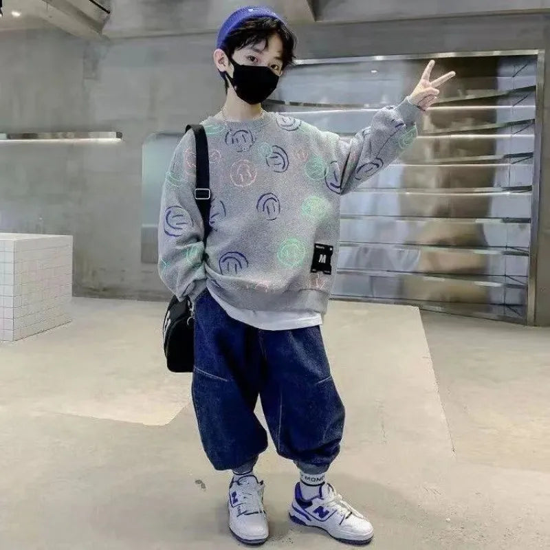 Children's Sweatshirt Autumn Boys Smile Print Long-Sleeved Korean T-Shirt Kids Clothes Fashion Streetwear Black Cotton Costumes