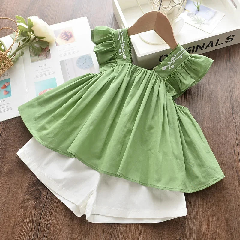 Menoea Girls Clothing Sets 2023 New Style Summer Children's Clothes Cute Dots Lace + Bow Short Pants 2pc Suits Kids Outfits