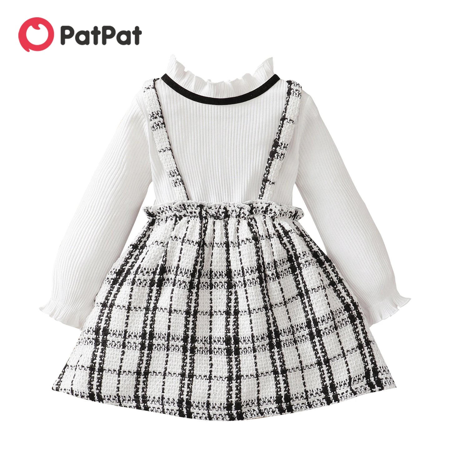 PatPat Toddler Girl Dresses Ruffle Collar Faux-two Strap Plaid Tweed Long-sleeve Dress for Girl Children Clothes