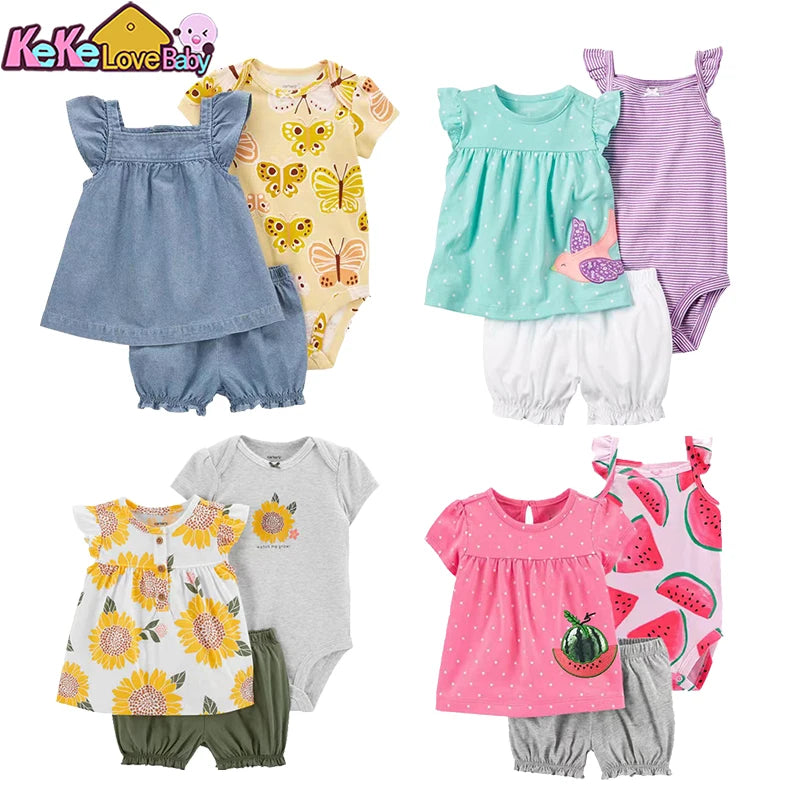 Summer Baby Girls Clothes Set Cotton Flower Fashion Infant Outfits Short Sleeved Bodysuit Shorts 3Pcs kids Clothing 6-24 Months