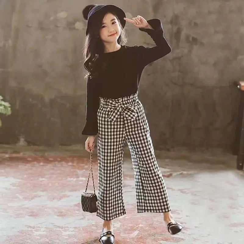 Kids Girls Clothing Sets 2024 Autumn Long Sleeve T-shirts + Plaid Wide Leg Pants 2PCS Children's Clothes Teen 6 8 10 12 14 Years