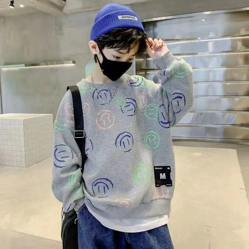 Children's Sweatshirt Autumn Boys Smile Print Long-Sleeved Korean T-Shirt Kids Clothes Fashion Streetwear Black Cotton Costumes