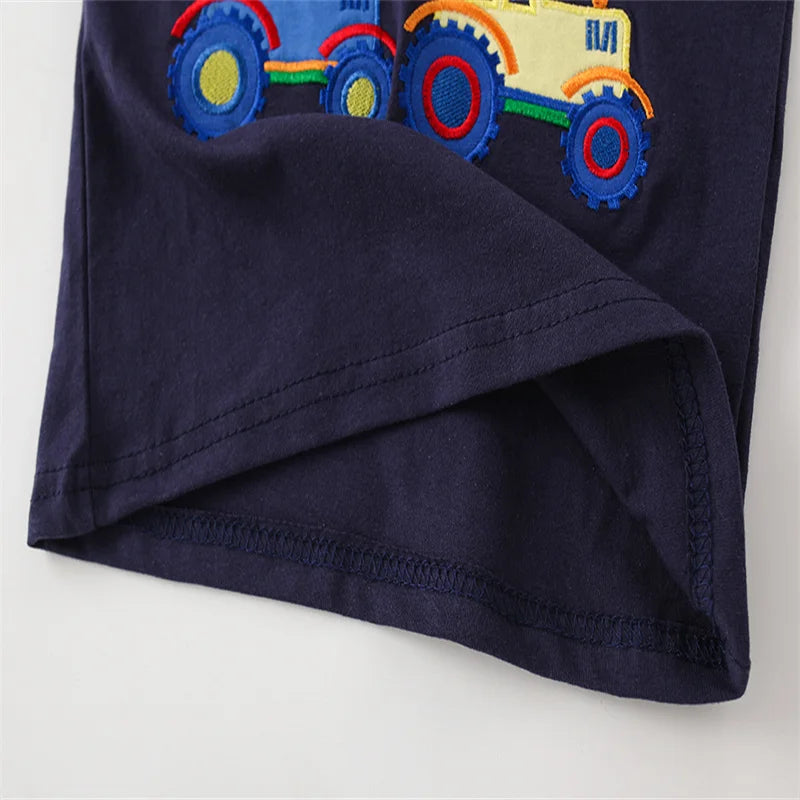 Jumping Meters New Arrival Cartoon Cars Embroidery Boys Girls T Shirts Summer Short Sleeve Children's Clothes Kids Tees Tops