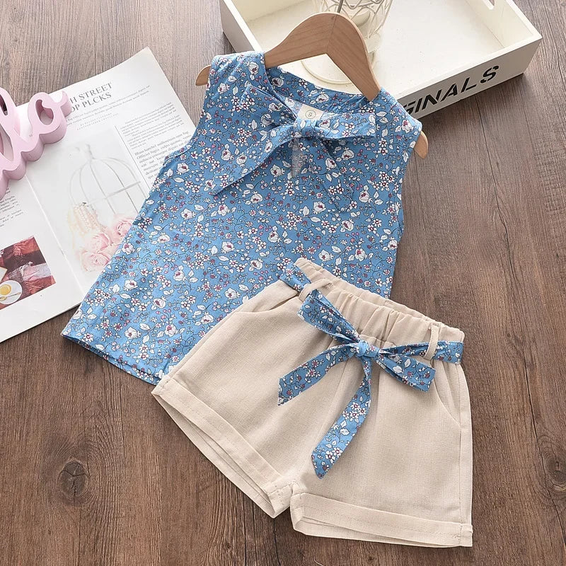 Menoea Girls Clothing Sets 2023 New Style Summer Children's Clothes Cute Dots Lace + Bow Short Pants 2pc Suits Kids Outfits