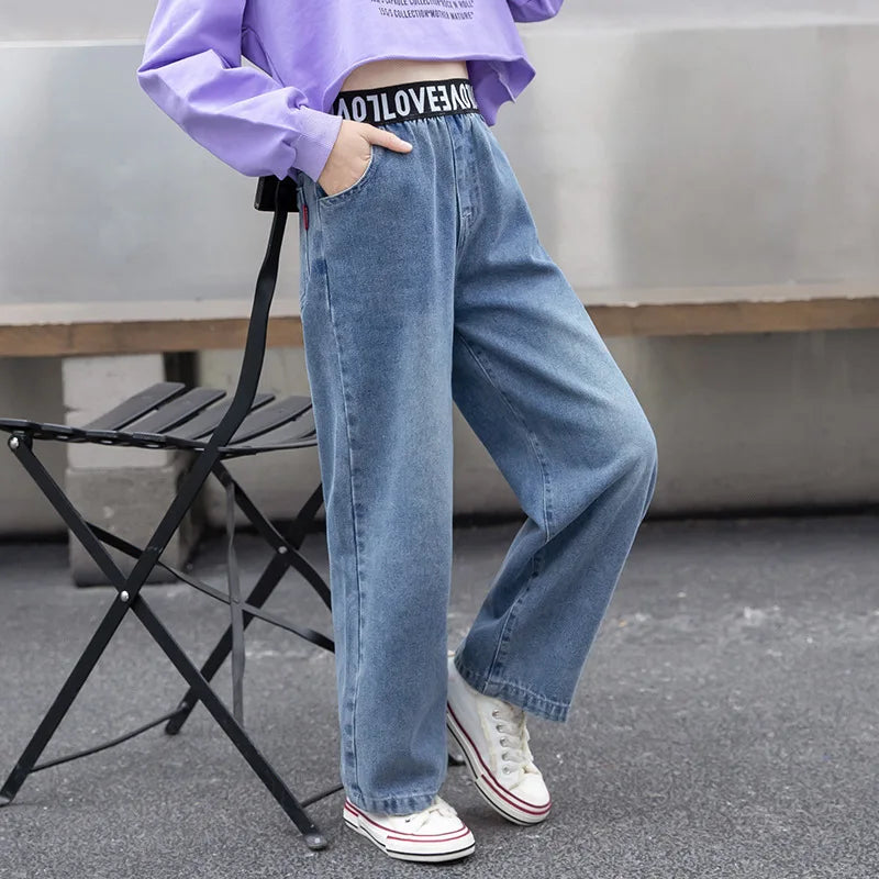 New Jeans For Girls Patchwork Kids Jeans For Girls Letter Patern Kids Jeans Casual Style Children Clothes 6 8 10 12 14 years