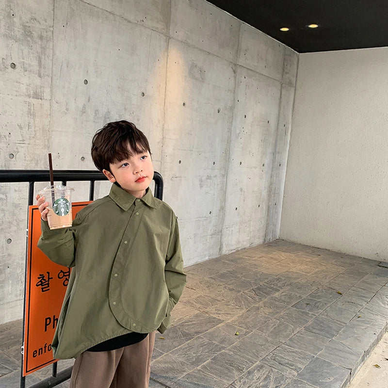 Fashion Children's Long sleeve Spring Autumn single-breasted New Boys Pure color Shirt Baby Korean Style Coat clothes Top Jacket