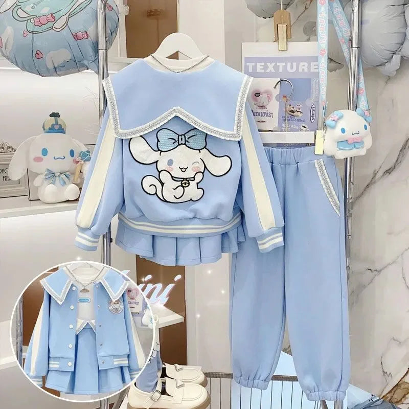 Kawaii Cinnamoroll Cartoon Girls Casual Wear Two-Piece Set Autumn Baseball Uniform Jacket Pleated Skirt Cute Children's Clothes