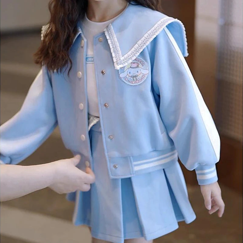 Kawaii Cinnamoroll Cartoon Girls Casual Wear Two-Piece Set Autumn Baseball Uniform Jacket Pleated Skirt Cute Children's Clothes