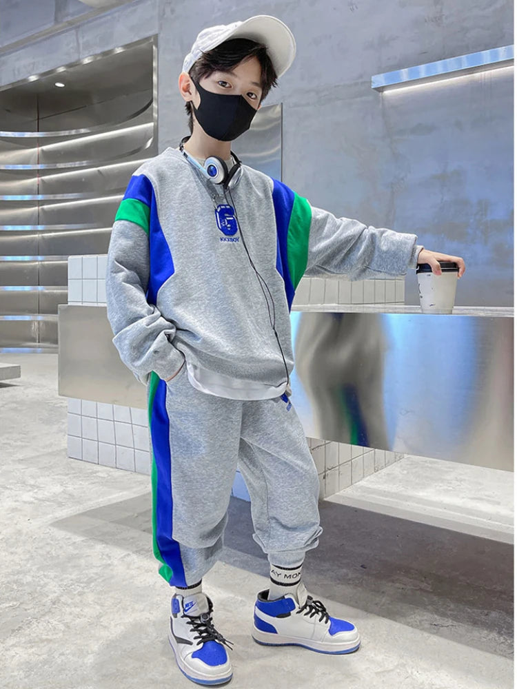 Spring Teenage Boy Clothes Children's Embroidery Letter Sweatshirt and Pants Set Fashion Top and Bottom 2 Pieces Tracksuit