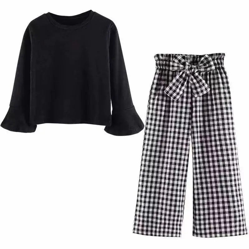 Kids Girls Clothing Sets 2024 Autumn Long Sleeve T-shirts + Plaid Wide Leg Pants 2PCS Children's Clothes Teen 6 8 10 12 14 Years