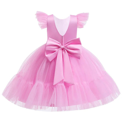 Pink Kid Girl Wedding Dress Baby Pageant Girl Party Princess Birthday Dress Children Clothes Bow Lace Gown Elegant Vestidos