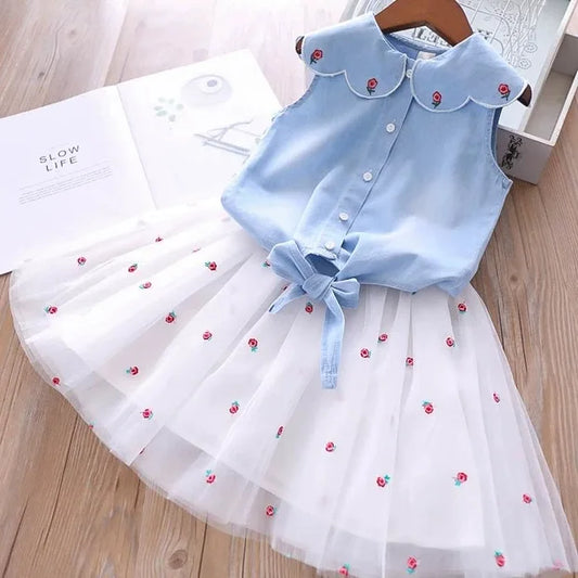 Denim Flower Embroidered Top+Net