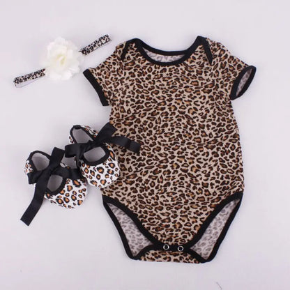 Summer Newborn Baby Girl Clothes Floral Leopard Romper Short Sleeve Jumpsuit+Shoe+Hairband 3Pcs Outfits Set